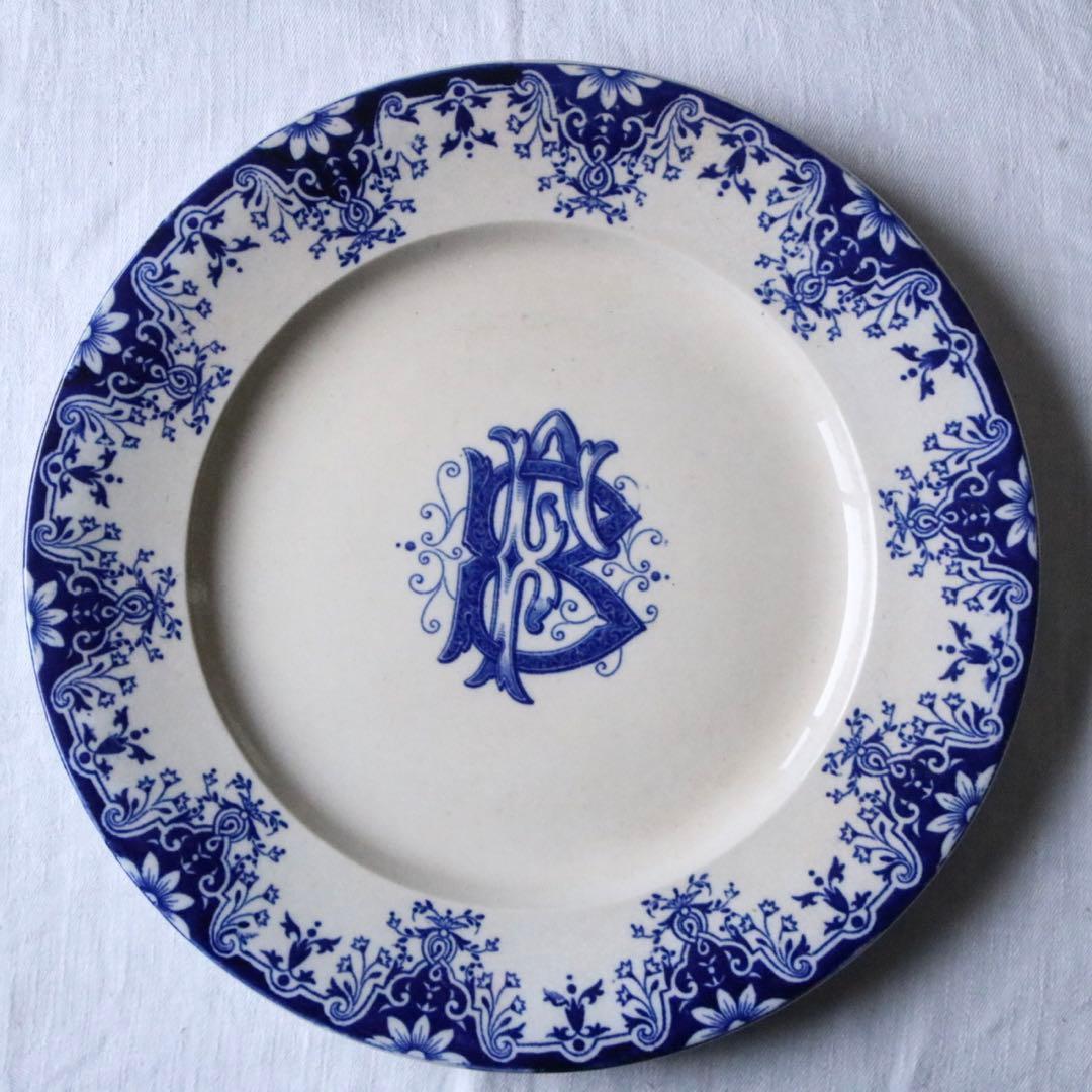 フランス　アンティーク　モノグラム　プレート　藍色　Bordeaux ルーアン