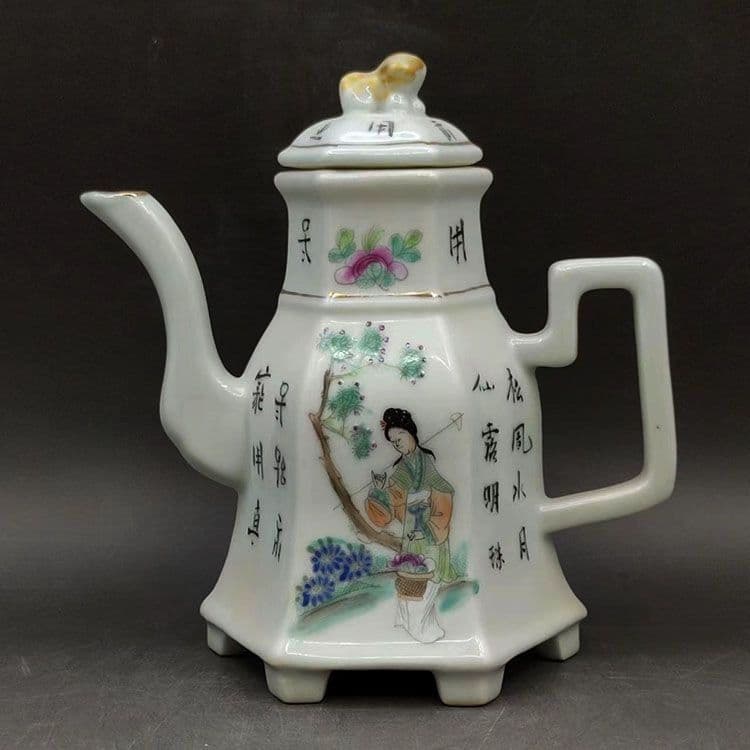 パステル仕女人物六方徳利 茶壺 景徳鎮 陶磁器 装飾品 現代工芸品 美術品 置物