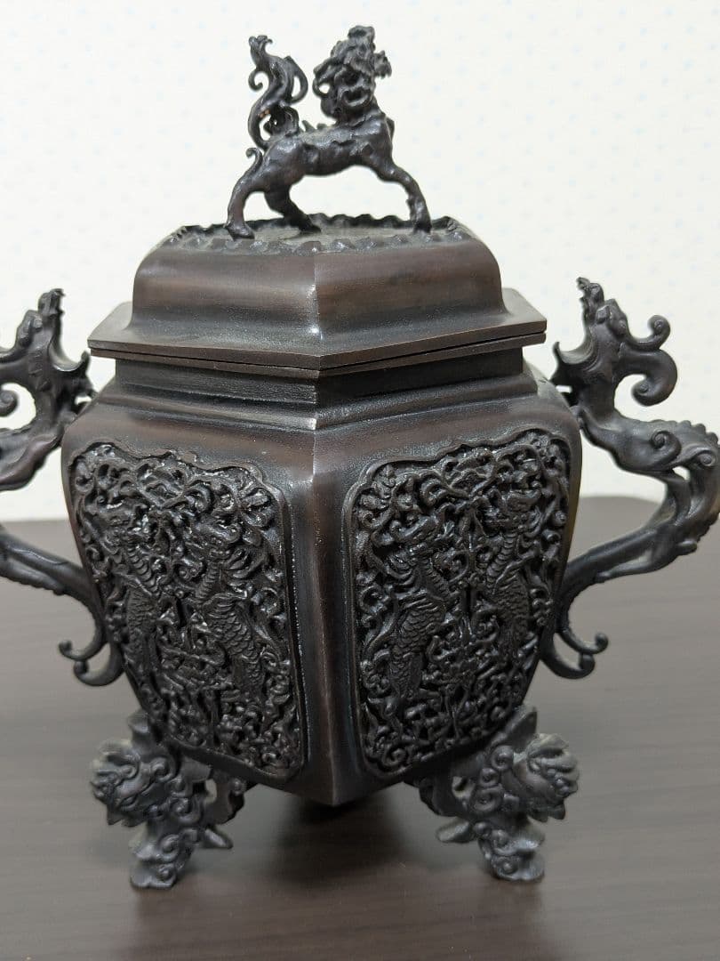 高岡製　 獅子摘蓋付昇竜双耳三足鳳凰双龍紋香炉　蝋型香炉　金工　米田秀保作