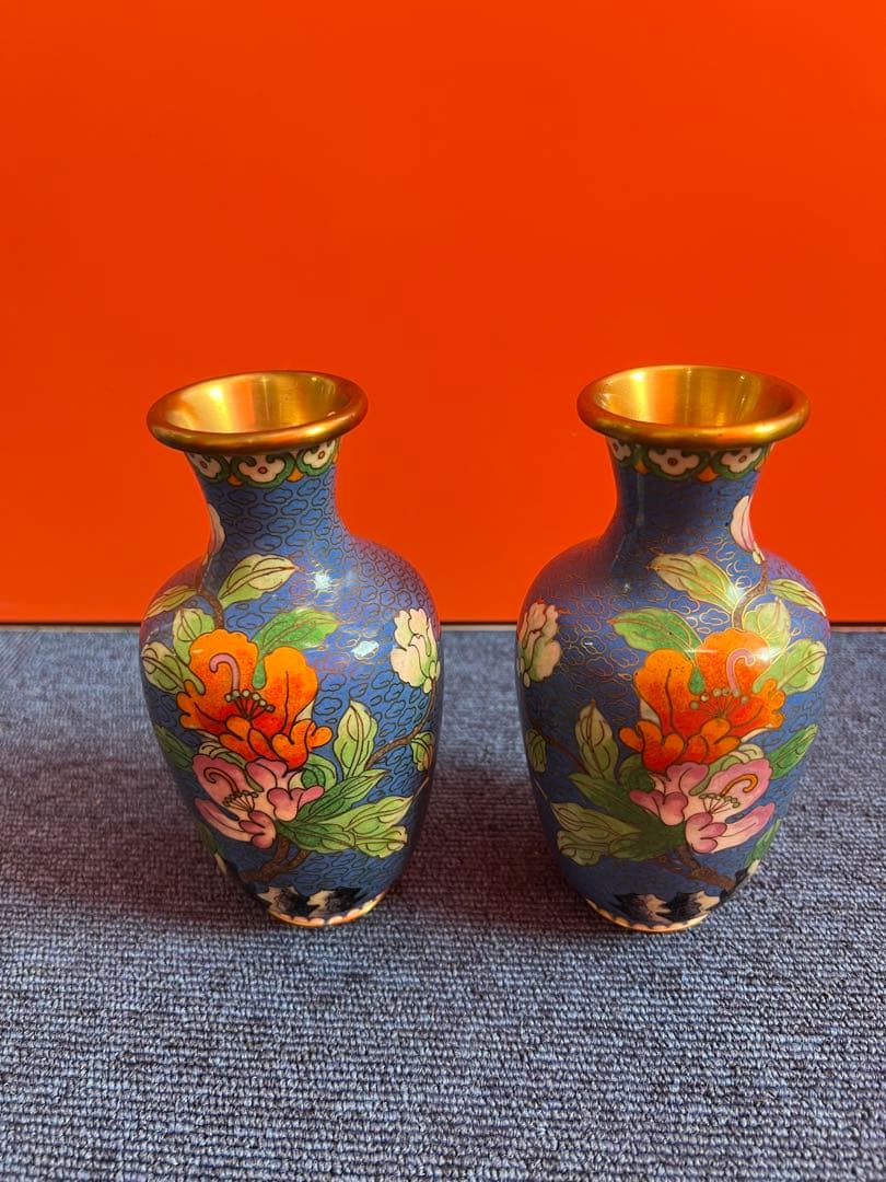 1053  中国　景泰藍　七宝　琺瑯　花瓶　2客　時代物