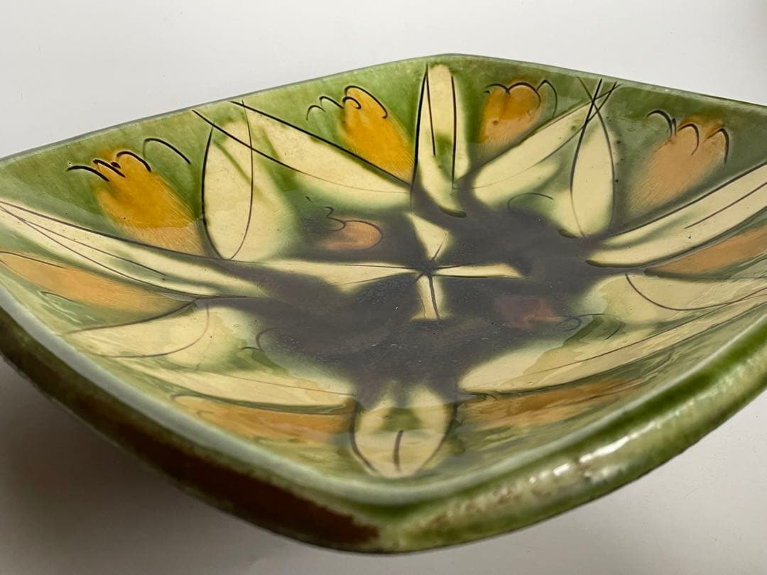 陶芸家　船木研兒　船木研児　舩木　三彩釉線彫　大鉢　オーバル皿　角皿　緑釉