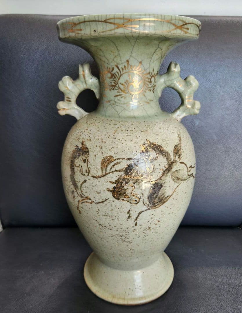 美術品 大堀 相馬焼 松永窯 耳付き花瓶(特大)