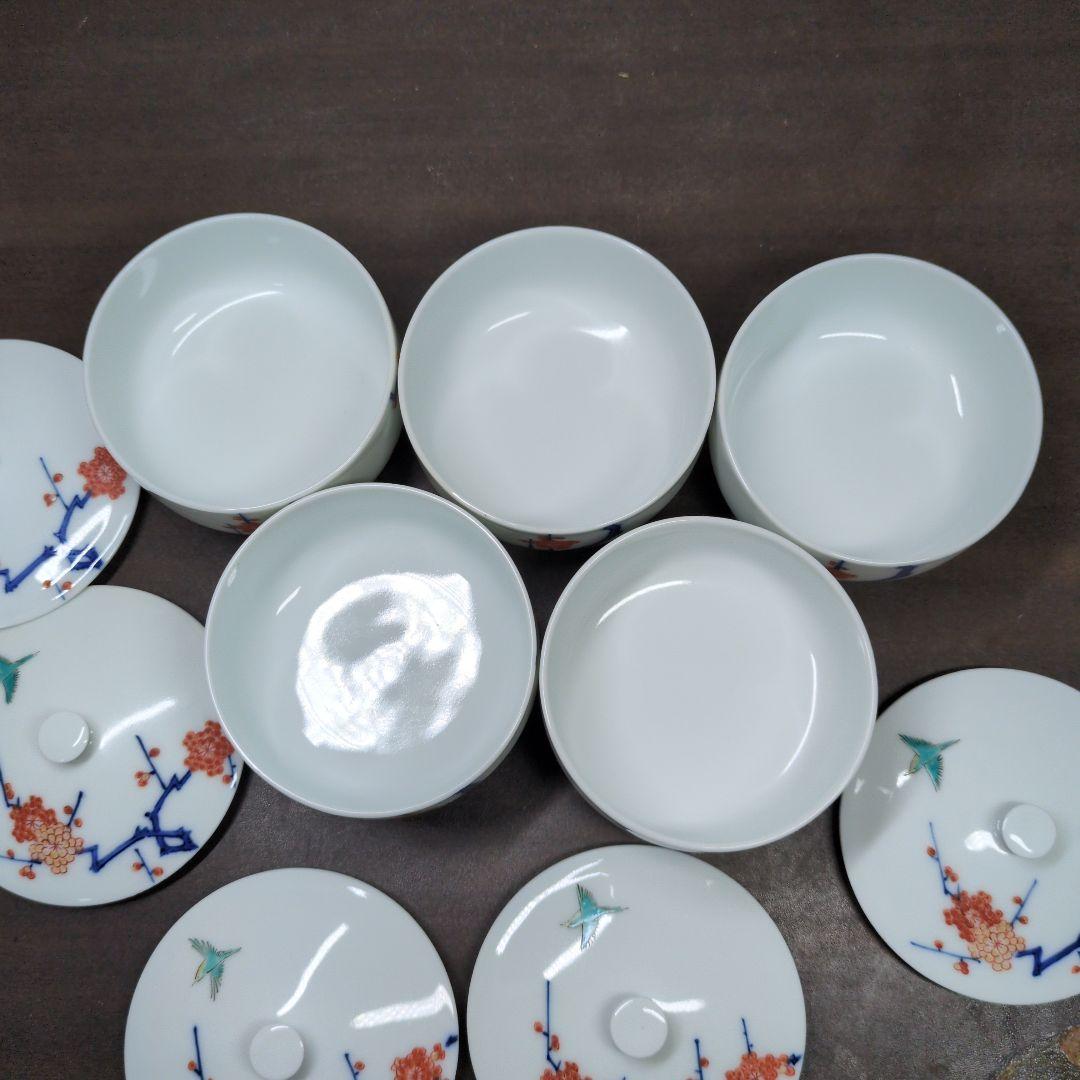 十三代 酒井田柿右衛門 作 染錦 梅文 番茶器(蓋付 湯呑 五客・急須) 共箱