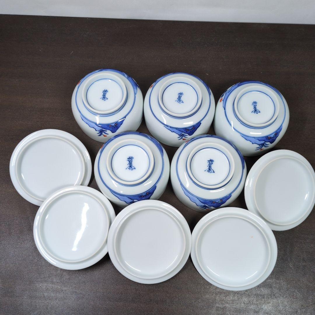 十三代 酒井田柿右衛門 作 染錦 梅文 番茶器(蓋付 湯呑 五客・急須) 共箱