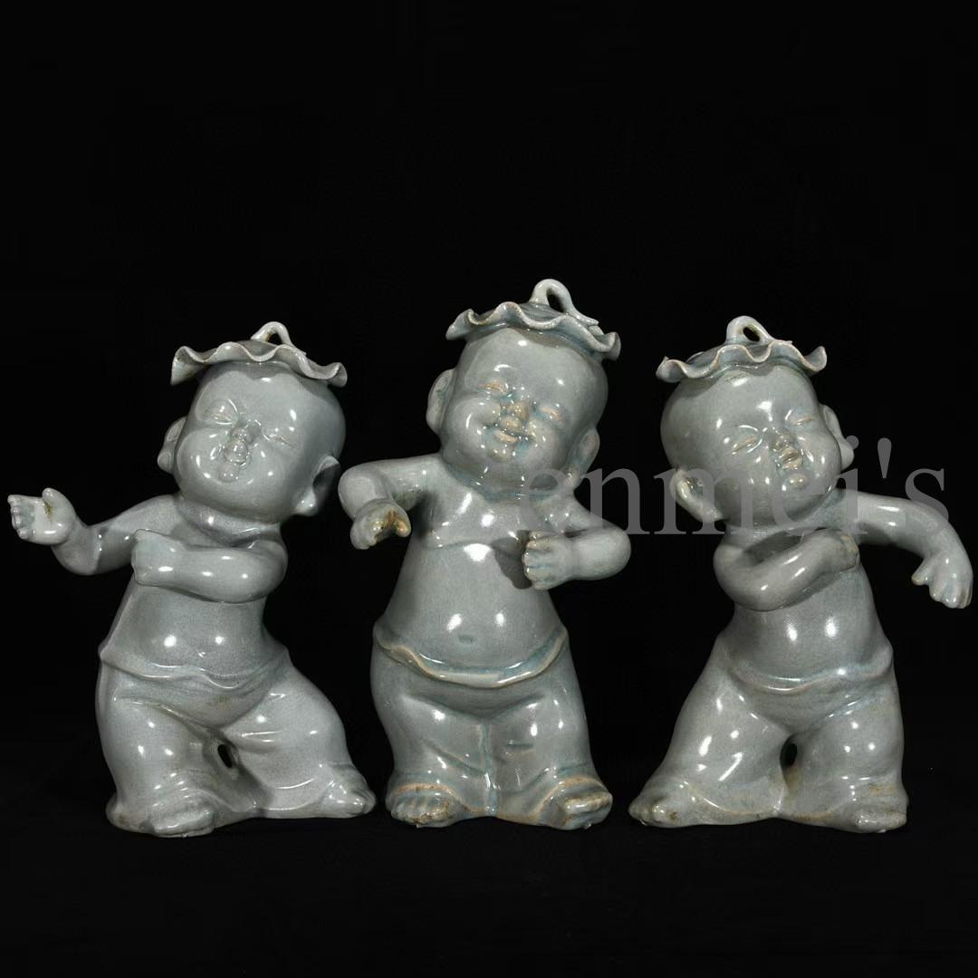 中国古美術・宋汝窯風 淡青釉 童子人形 3体セット・陶器製・文房置物・賞物