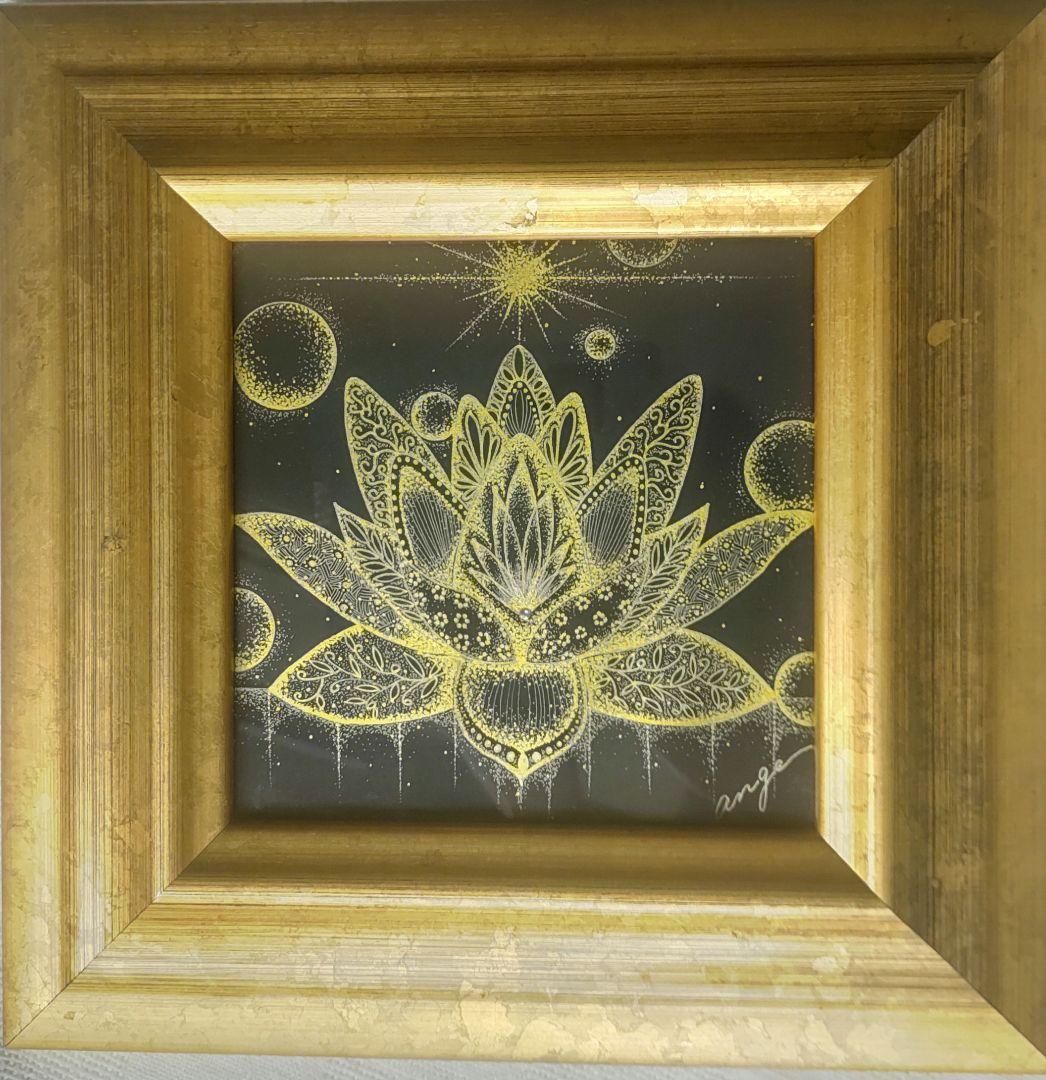 点描アート 黄金の蓮（フレーム込み）