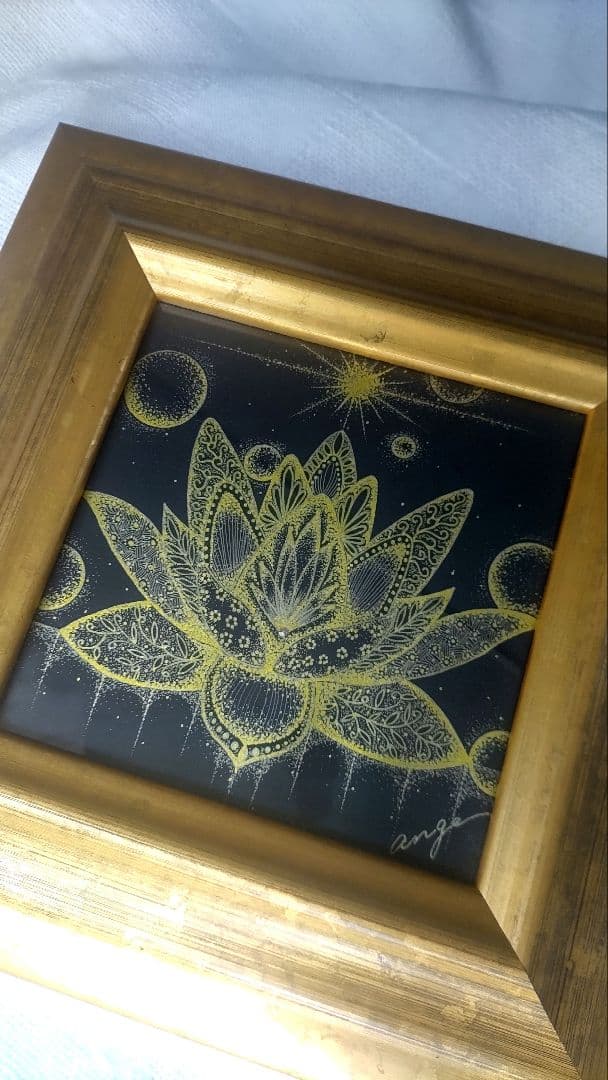 点描アート 黄金の蓮（フレーム込み）