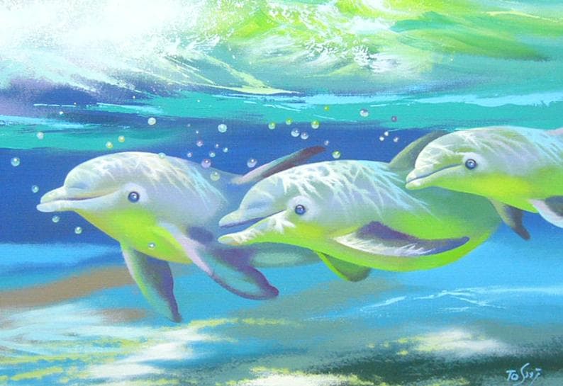 竹内敏彦 絵画 油絵 肉筆油絵 クリスタルブルー 海 ドルフィン