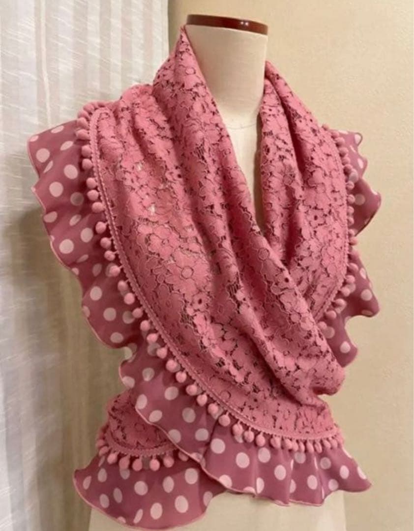 【お正月セール】フラメンコ　エプロン シージョ　ピンクコードレース　ピンク水玉