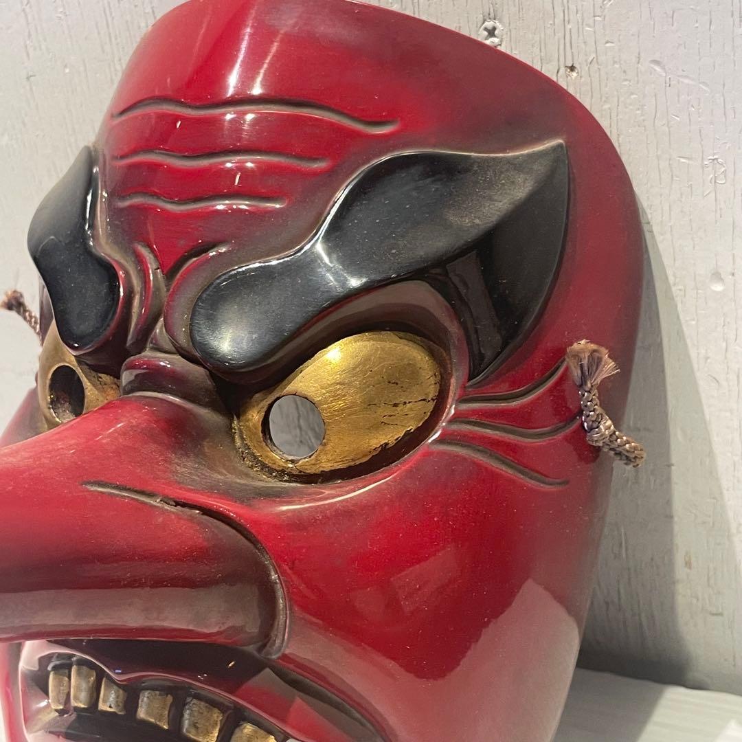 天狗 お面 壁掛け　木彫　時代　木彫り　小天狗　清巴　魔除け　縁起物　鬼面