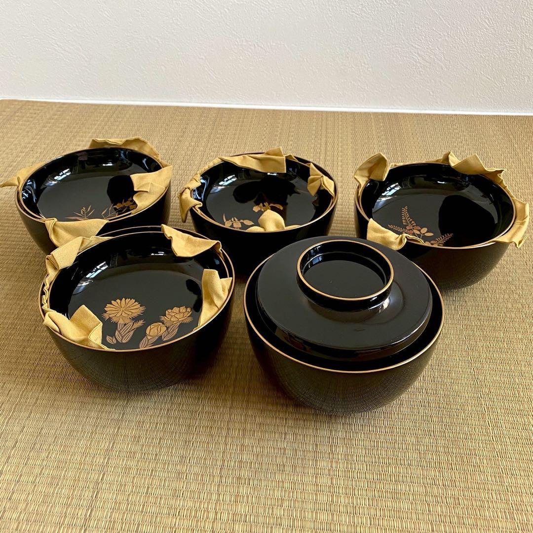 未使用 美品 輪島屋善仁 輪島塗 呂色仕上 【煮物椀5客】草花絵変り蒔絵 懐石
