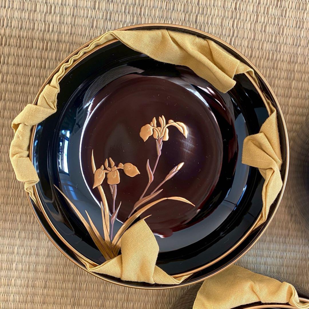 未使用 美品 輪島屋善仁 輪島塗 呂色仕上 【煮物椀5客】草花絵変り蒔絵 懐石