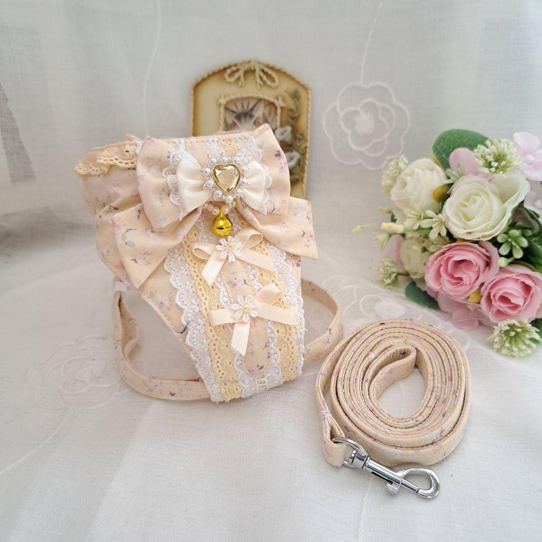 胸当てタイプハーネス(クリームローズ)&リードセット、わんちゃん猫ちゃん用