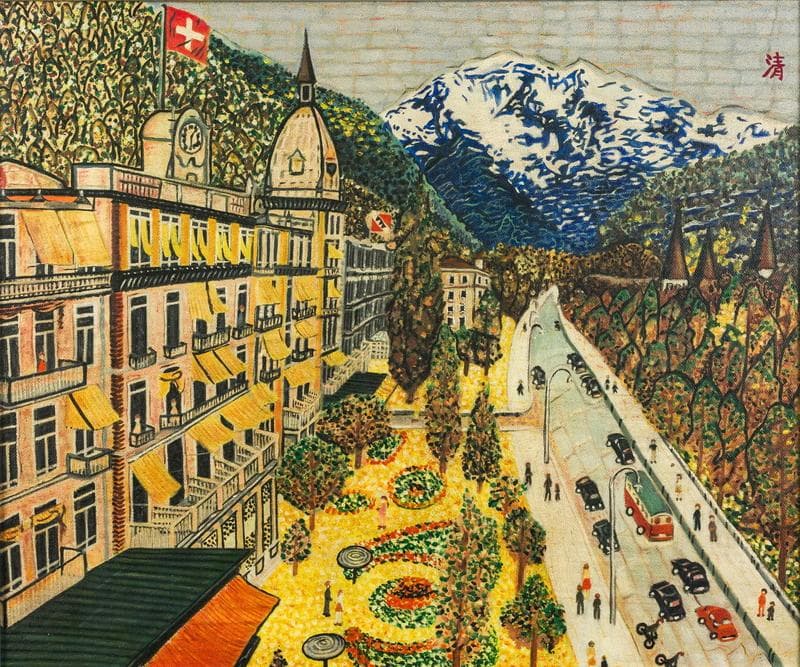 山下清　油彩　肉筆『スイスの町』表と裏サイン　F8号　額装　b814