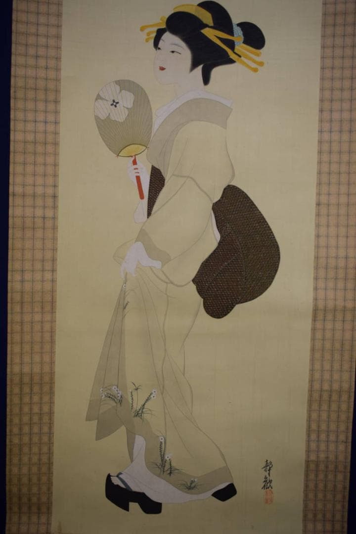 真作/綱島静観/美人図/布袋屋掛軸HH-795