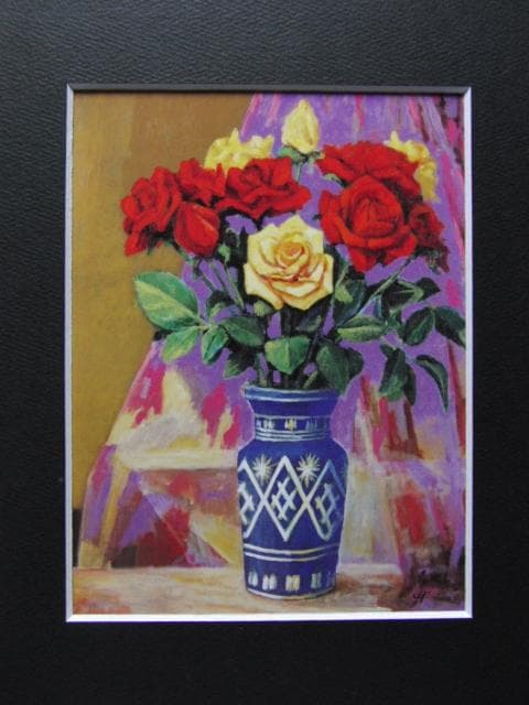 塩田清三郎、【バラ】、希少な画集画、新品高級額・額装付