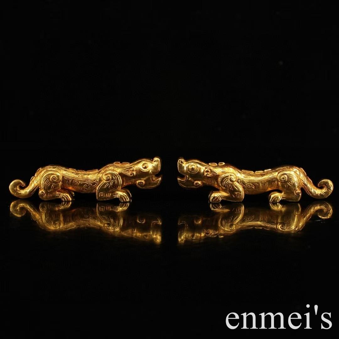 中国古美術・旧蔵鎏金の虎符セット・兵符・純銅製・高浮彫・置物・文房具・風水開運
