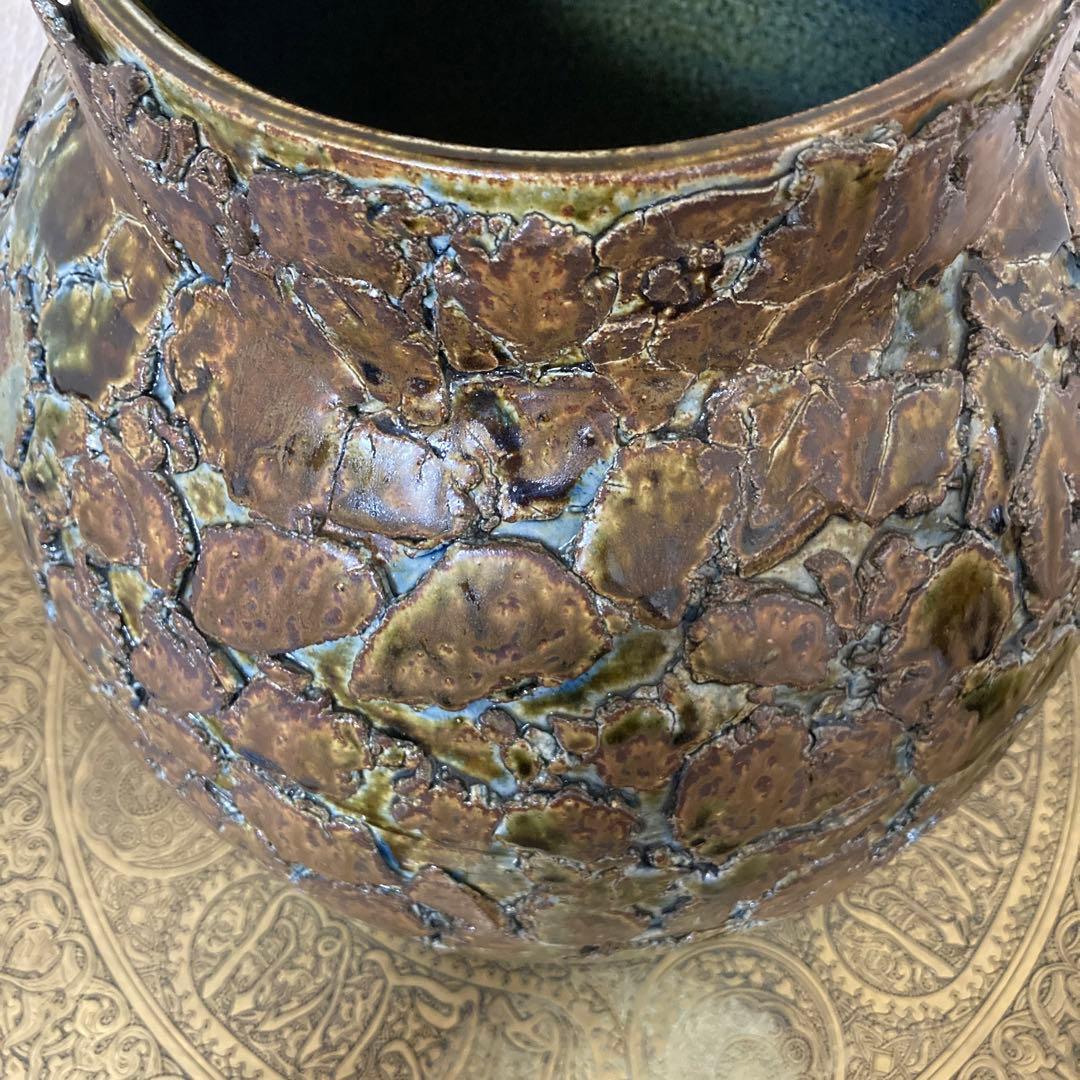 瀬戸焼　末広窯　中島翁介　緑釉花瓶　飾り壺　特大　高さ32㌢　烈紋