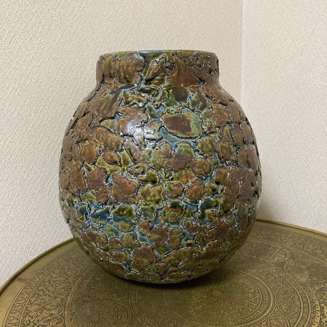 瀬戸焼　末広窯　中島翁介　緑釉花瓶　飾り壺　特大　高さ32㌢　烈紋