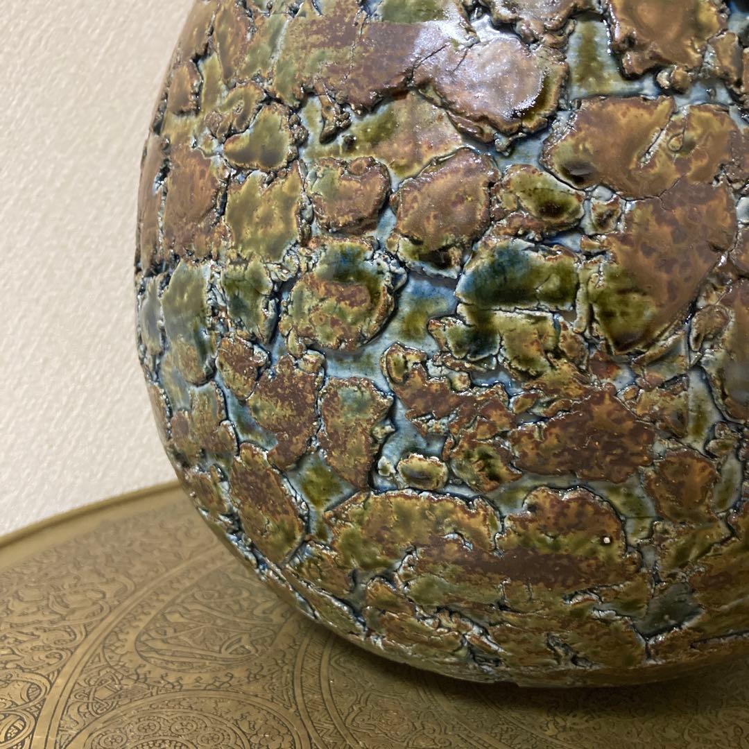 瀬戸焼　末広窯　中島翁介　緑釉花瓶　飾り壺　特大　高さ32㌢　烈紋