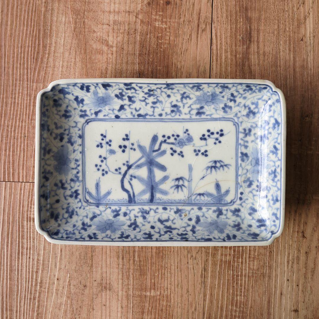 古伊万里 花唐草に松竹梅図 二重角福銘 江戸中期 角皿