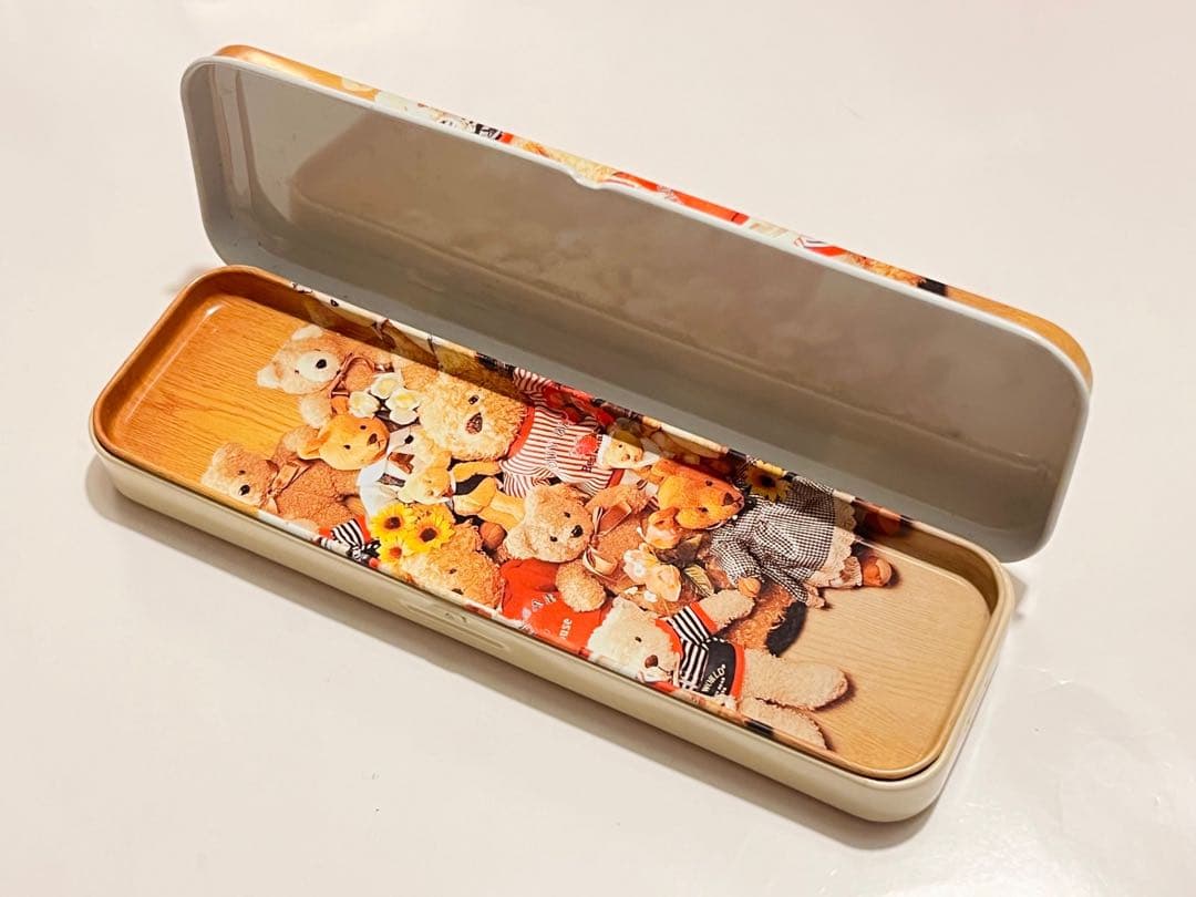 昭和レトロ テディベア　缶ペンケース　2段式 筆箱　かわいい