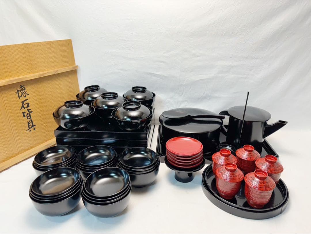 ほぼ未使用 懐石道具 塗師 葵春造 懐石皆具一揃 木製 五客揃 利休形 共箱