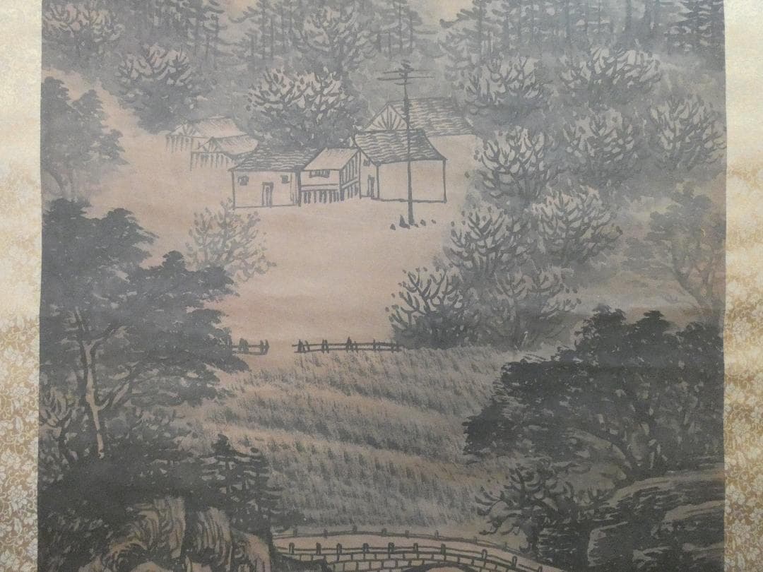 掛軸 韓国、朝鮮書画 張承業「風景」サイン　紙本 肉筆手描き