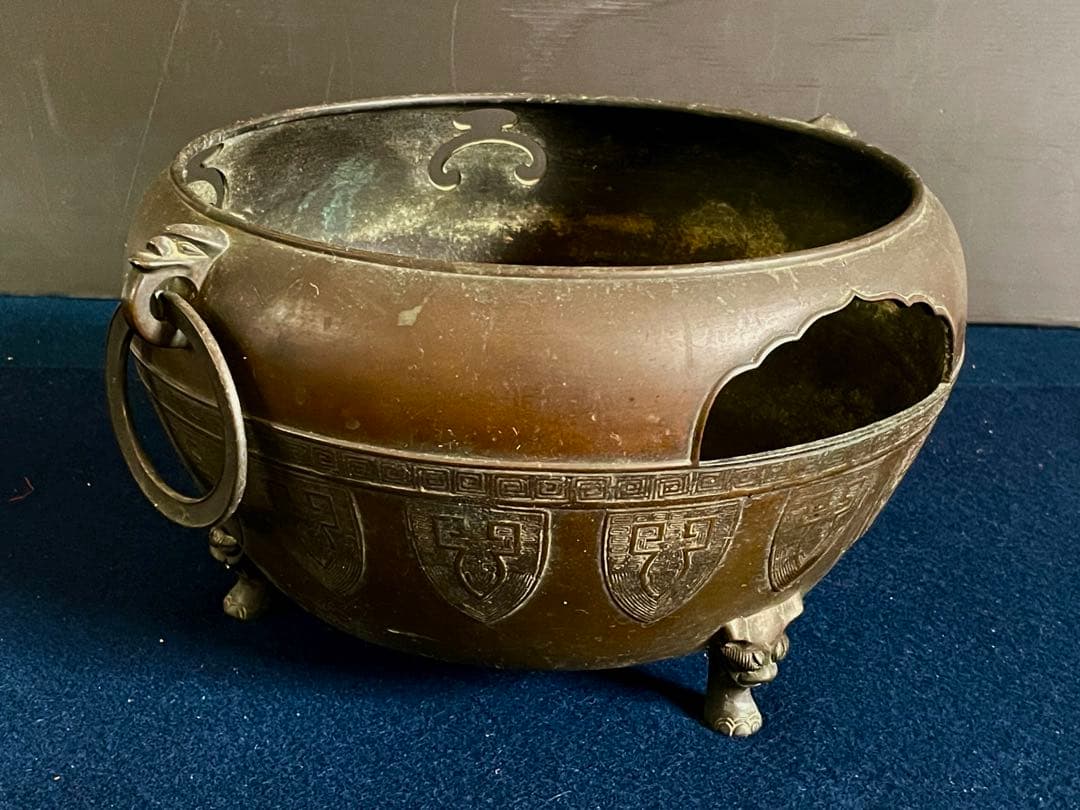 『母』 古銅 瓔珞文 獣足 遊鐶 瓶掛 煎茶道具 （あ④）