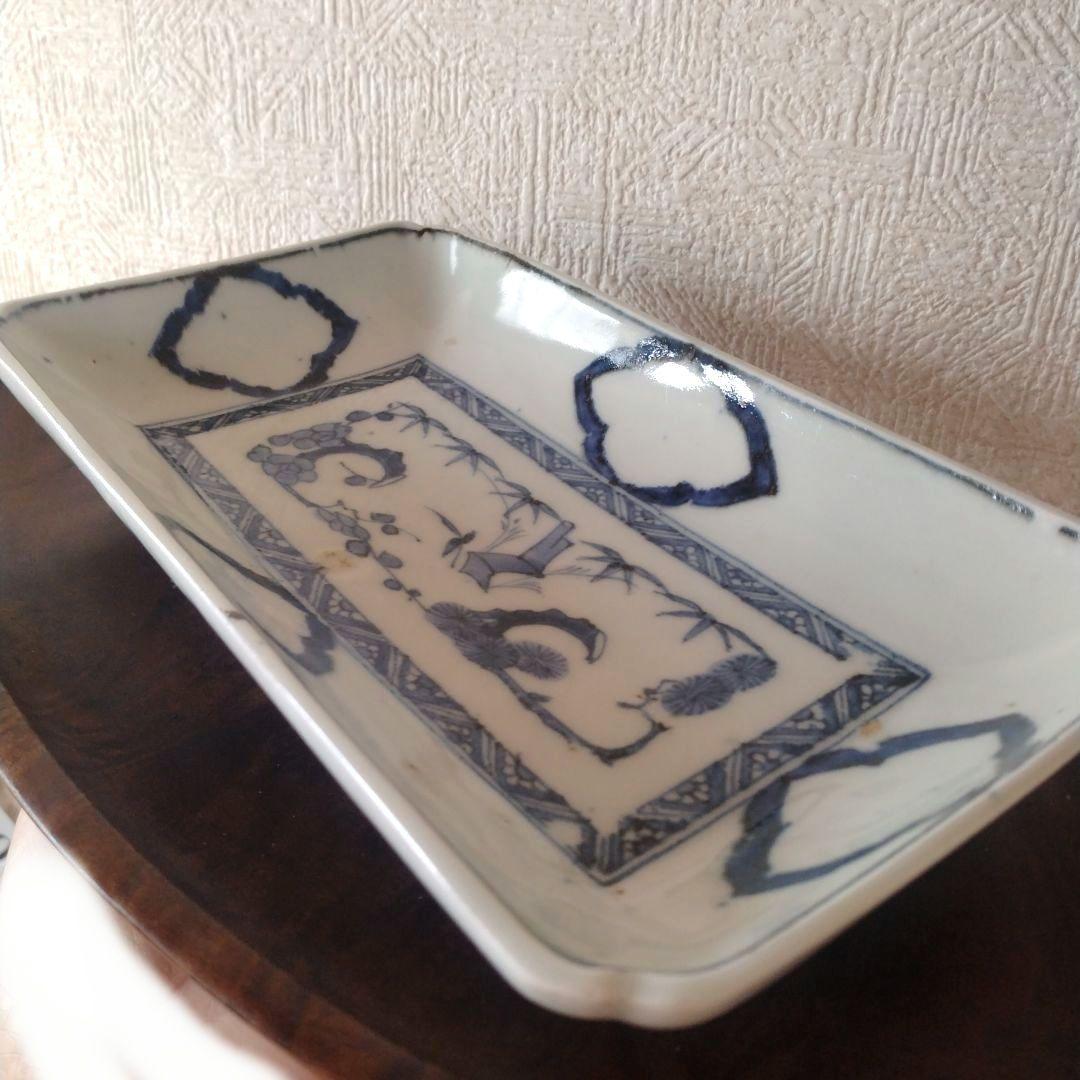 古伊万里染付白抜き木瓜文長皿江戸時代成化年製