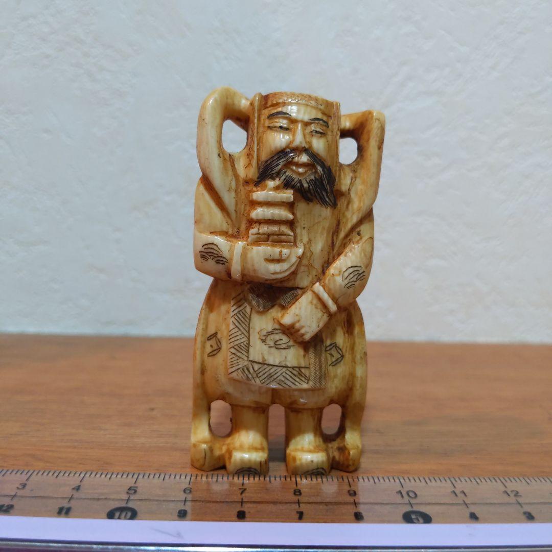 時代提げ物 七福神根付 天然素材 在銘【毘沙門天】高さ約7.5cm 重さ約56ｇ