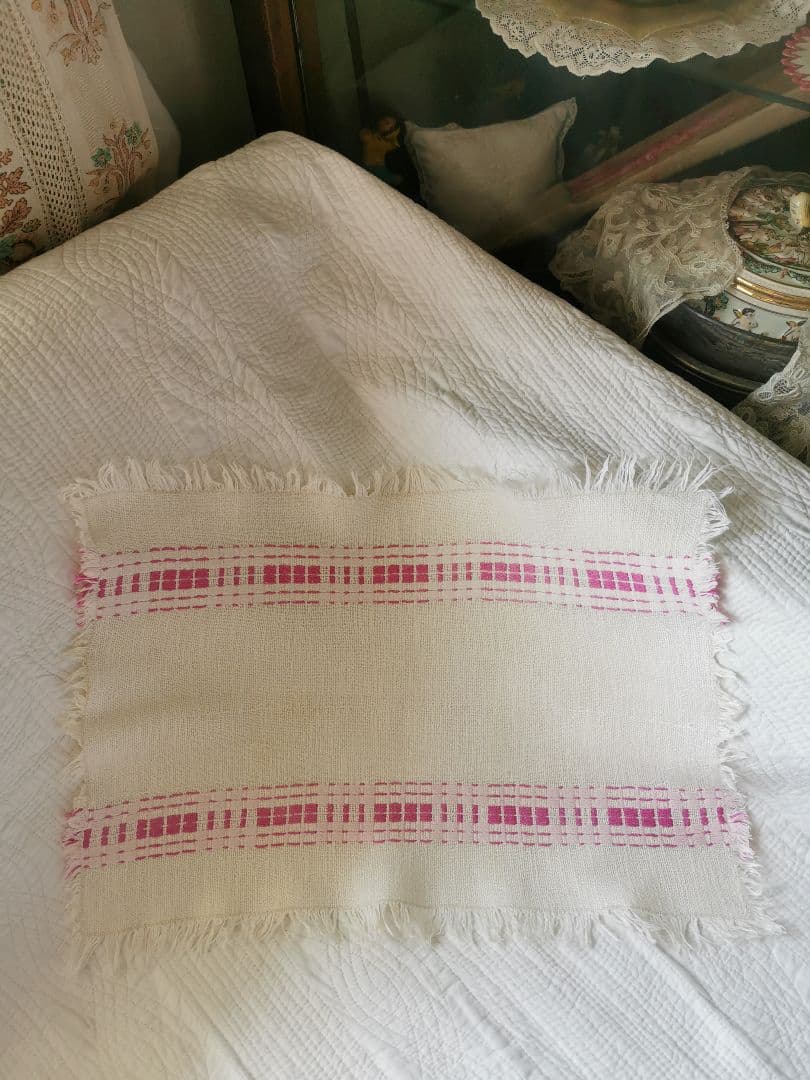 ヴィンテージ フランス ラズベリー桜ピンク織刺繍 プレイスマット リネンランナー