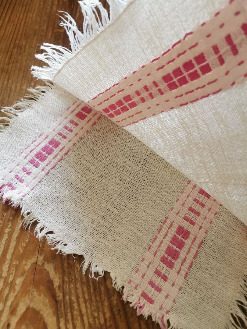 ヴィンテージ フランス ラズベリー桜ピンク織刺繍 プレイスマット リネンランナー