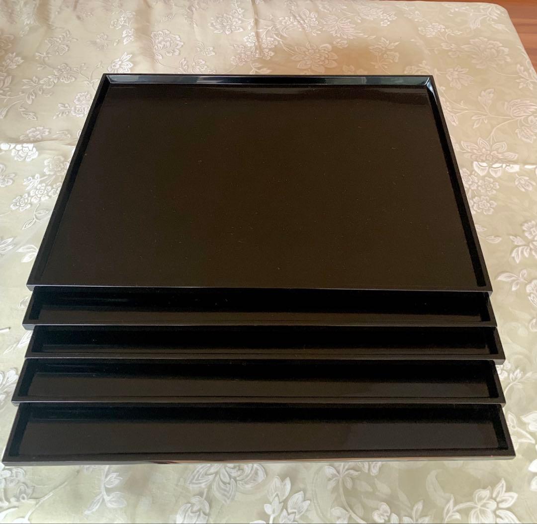 輪島塗漆会席膳　黒無地5枚揃　木箱保存袋付き