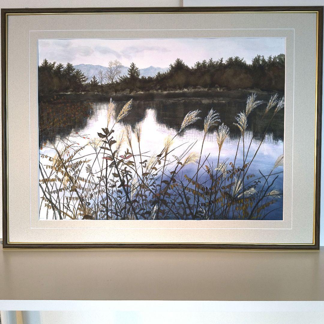 水彩画・風景画・秋の黄昏・夕暮れ・ススキ・湖畔の夕暮れ・自作品