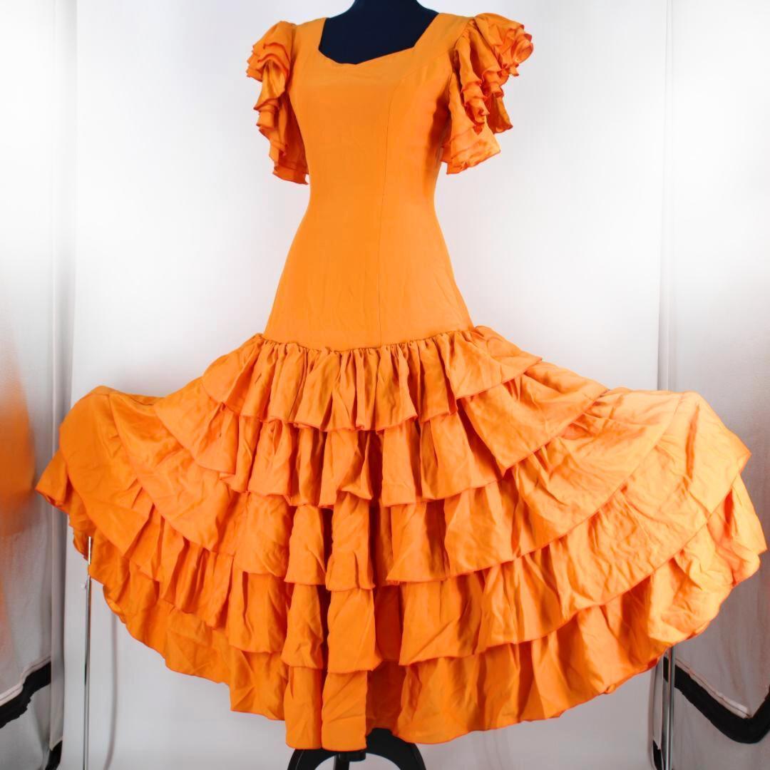【美品 フラメンコ衣装】オレンジ ワンピース ドレス ボランテ フリル 段々