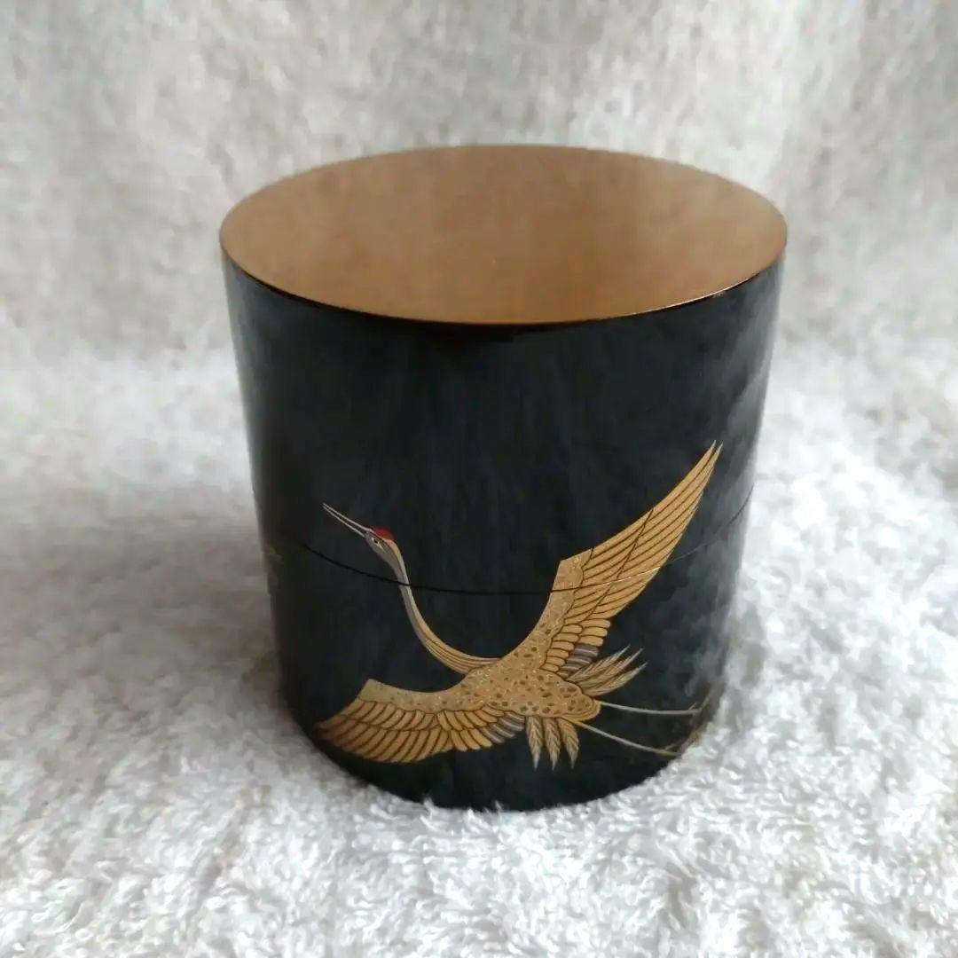 薄器　鶴蒔絵　中次　岩倉隆斎　山中塗　共箱　無傷