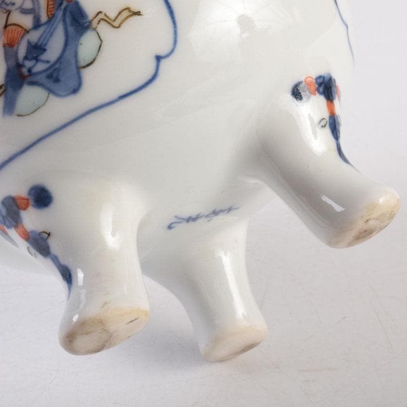 陶芸家　森野嘉光作　染錦　七福神図　双耳香炉　共箱　V　8506