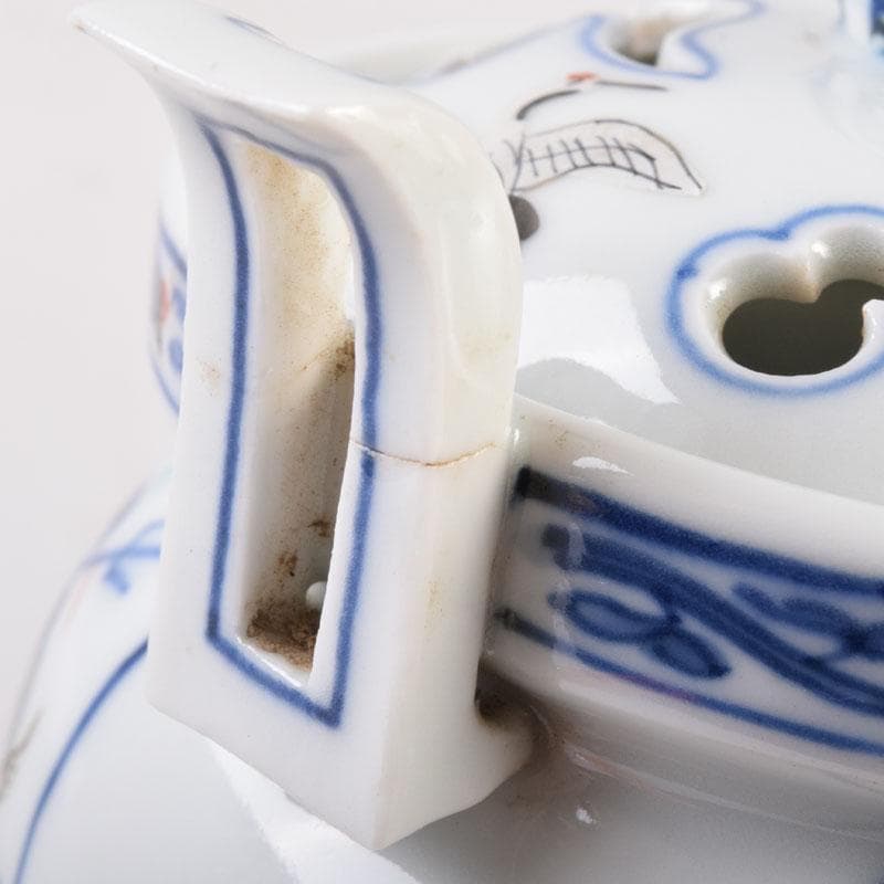 陶芸家　森野嘉光作　染錦　七福神図　双耳香炉　共箱　V　8506