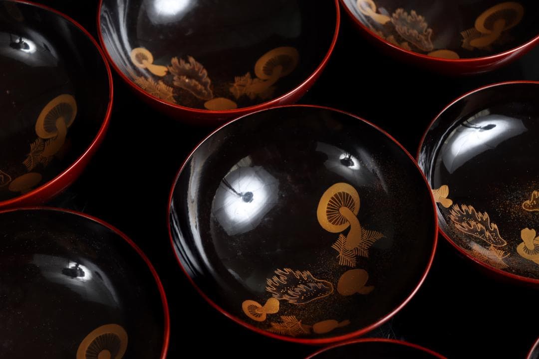 茶道具 見返松茸 蒔絵 吸物椀 十客 木箱 共箱　木製漆器