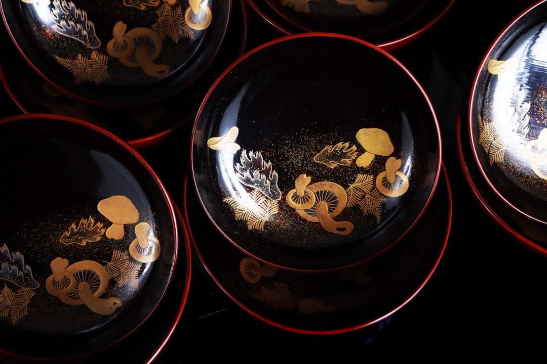 茶道具 見返松茸 蒔絵 吸物椀 十客 木箱 共箱　木製漆器