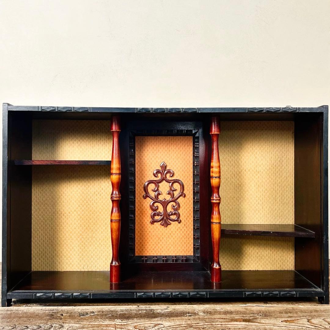 昭和初期 壁掛けガラス飾り棚｜黒塗り木製 薄型 軽量 古家具 アンティーク