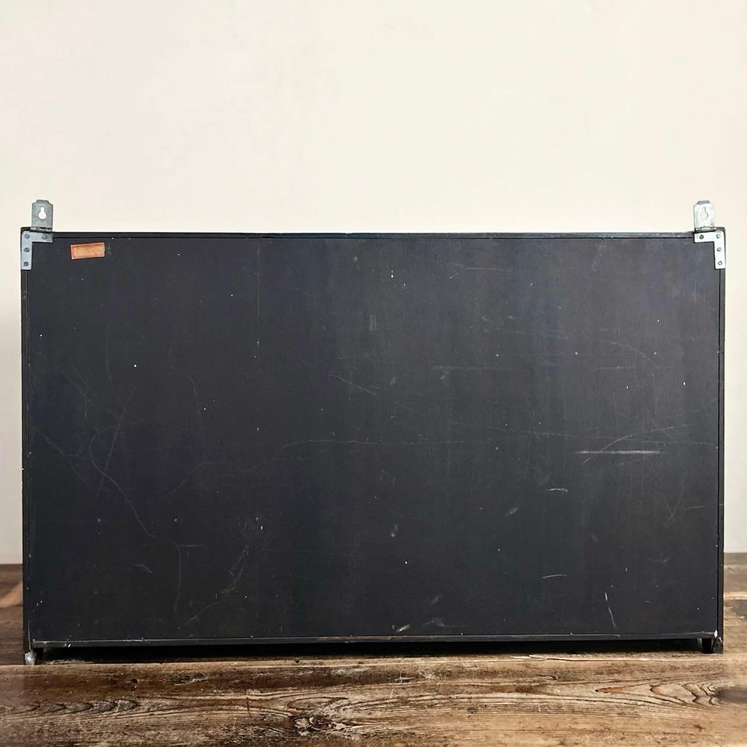 昭和初期 壁掛けガラス飾り棚｜黒塗り木製 薄型 軽量 古家具 アンティーク