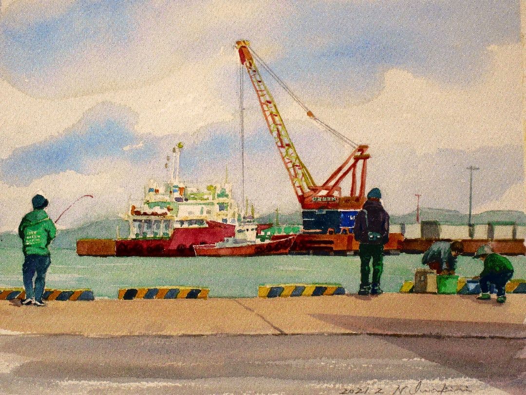 港の風景 水彩画 F6サイズ 原画 額装済み