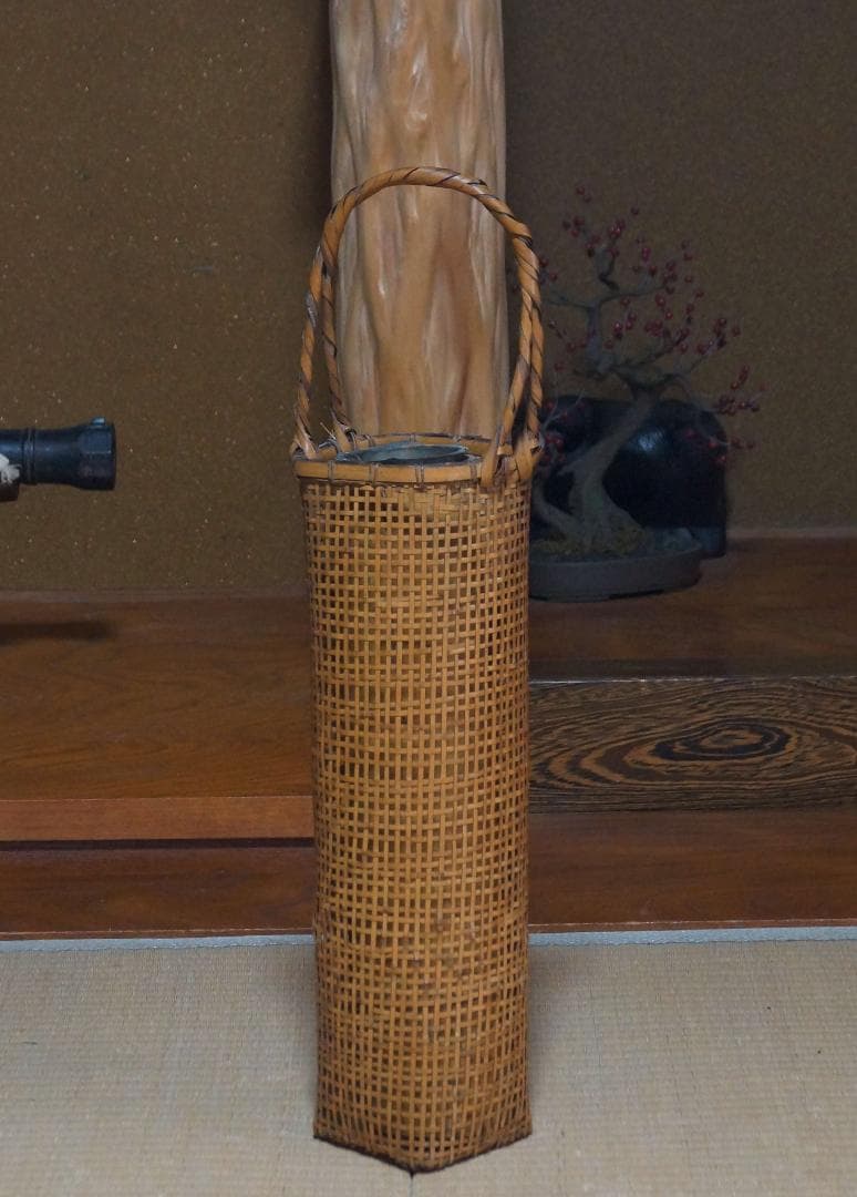 大正期大型竹編網代細工花籠 花器 花入花生 竹編提梁花籃 花篭高さ60cm