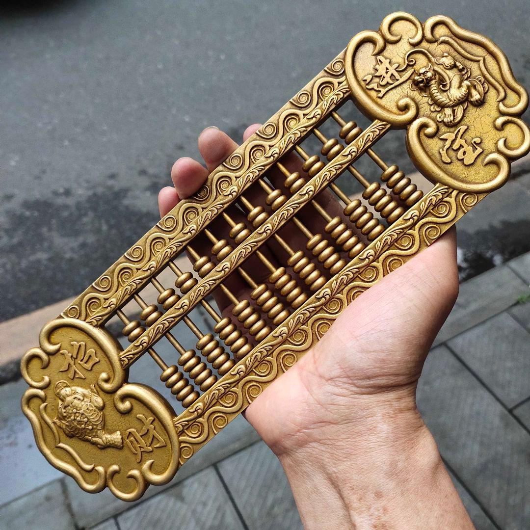 銅器 浮彫 招財進宝 金蟾 龍そろばん 家具 装飾 工芸品 置物