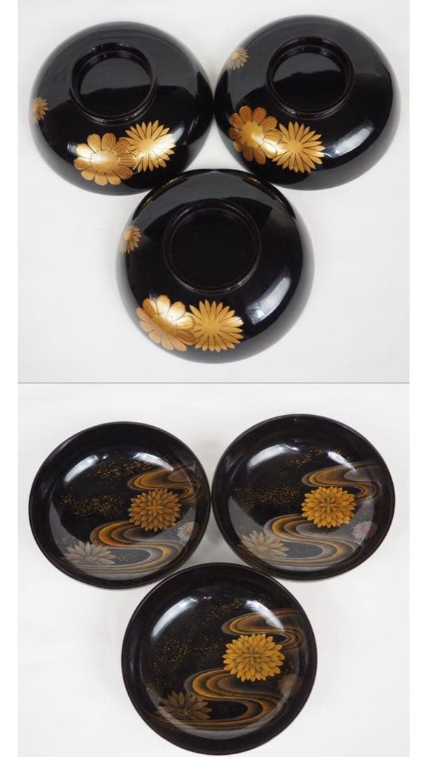 送料無料　江戸～明治日本橋老舗黒江屋　蔦家紋　本塗地散菊花金蒔絵吸物椀10客共箱