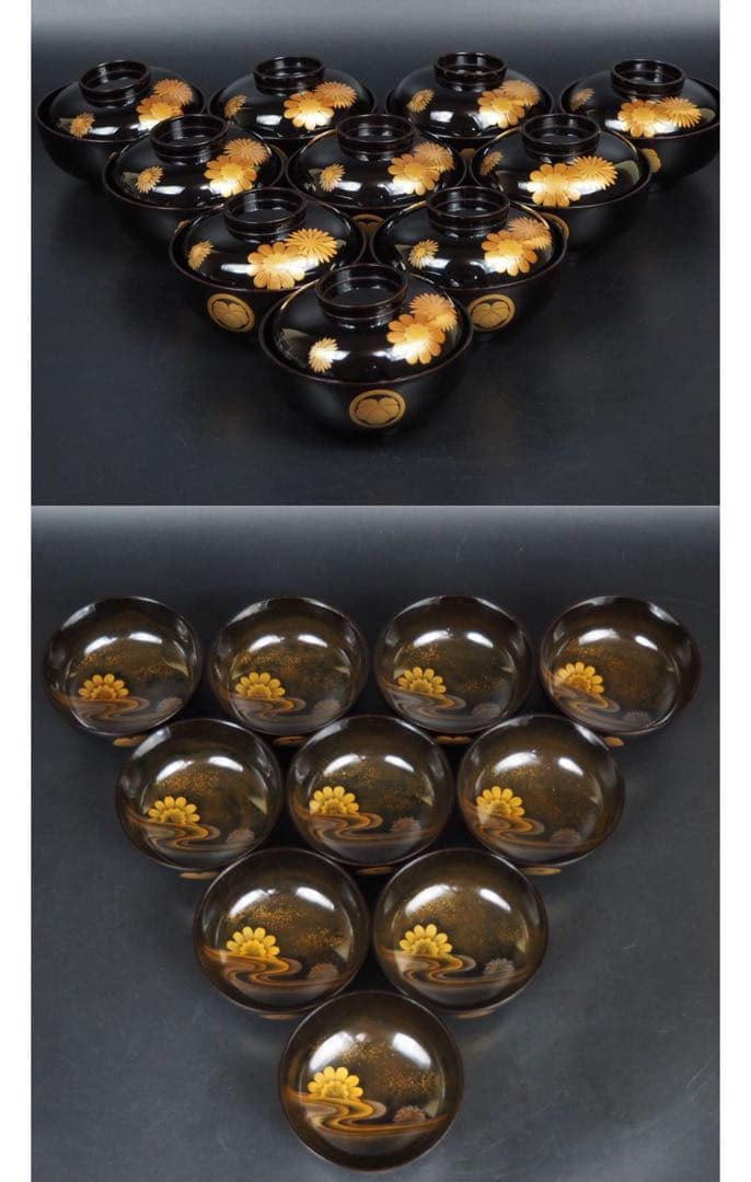 送料無料　江戸～明治日本橋老舗黒江屋　蔦家紋　本塗地散菊花金蒔絵吸物椀10客共箱