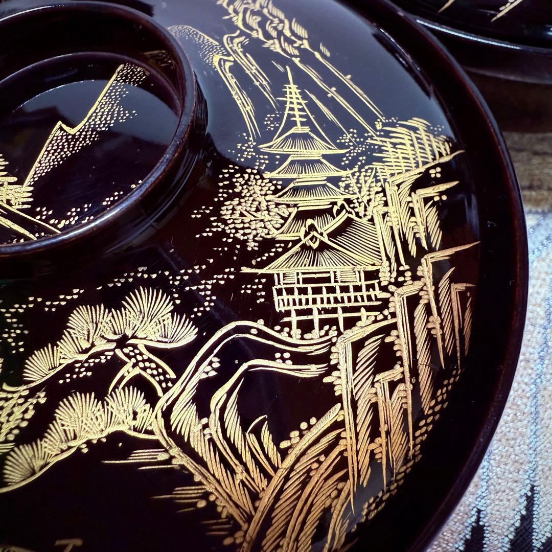 漆器　輪島塗　蒔絵金彩細工　松鶴絵　木製　蓋付椀　お煮物椀　吸物椀　10客　共箱