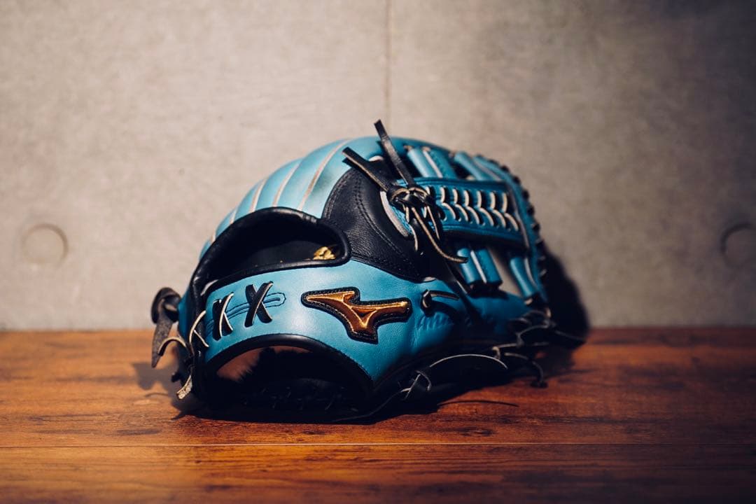 筋*ン様 ミズノプロ （Mizuno Pro）硬式内野手用 グラブ 黒×水色　波